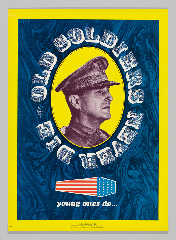 Portrait of a uniformed older soldier framed by text reading old soldiers never die and young ones do.