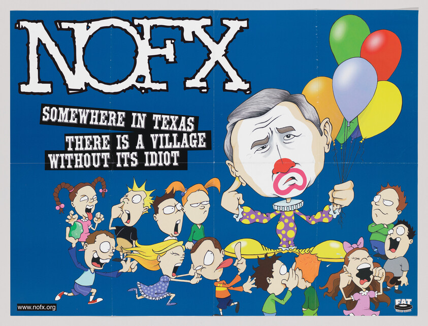 NOFX poster showing a giant clown-faced man holding balloons as children shout and chase him.