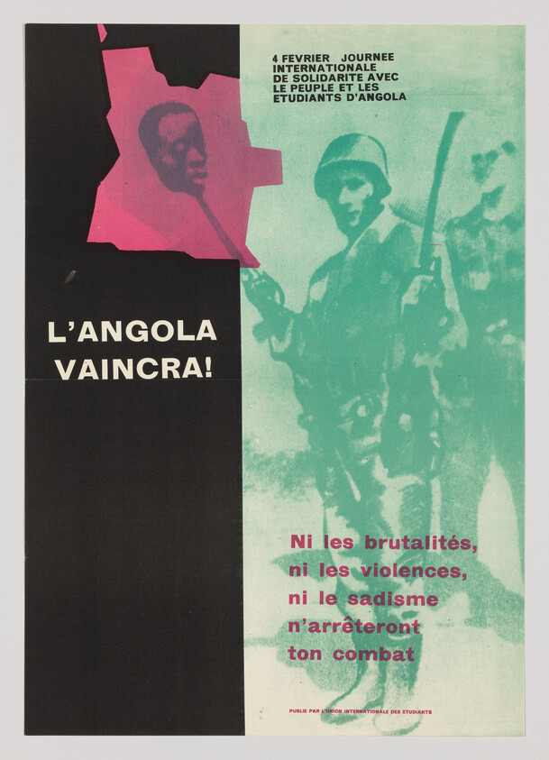 Armed soldiers alongside bold text proclaiming "L'Angola vaincra!" supporting Angolan resistance.