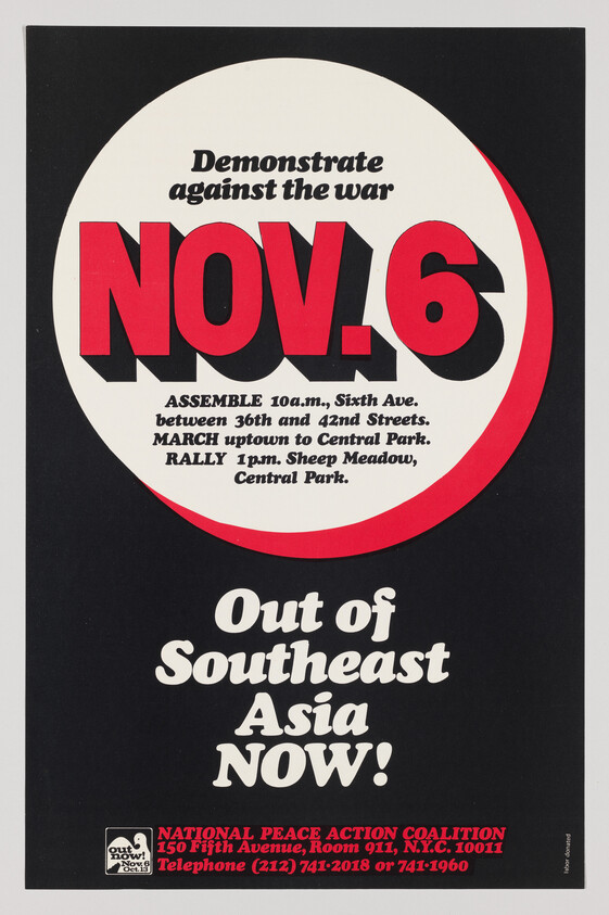Bold poster calling for a November 6 antiwar demonstration and shouting "Out of Southeast Asia NOW!".