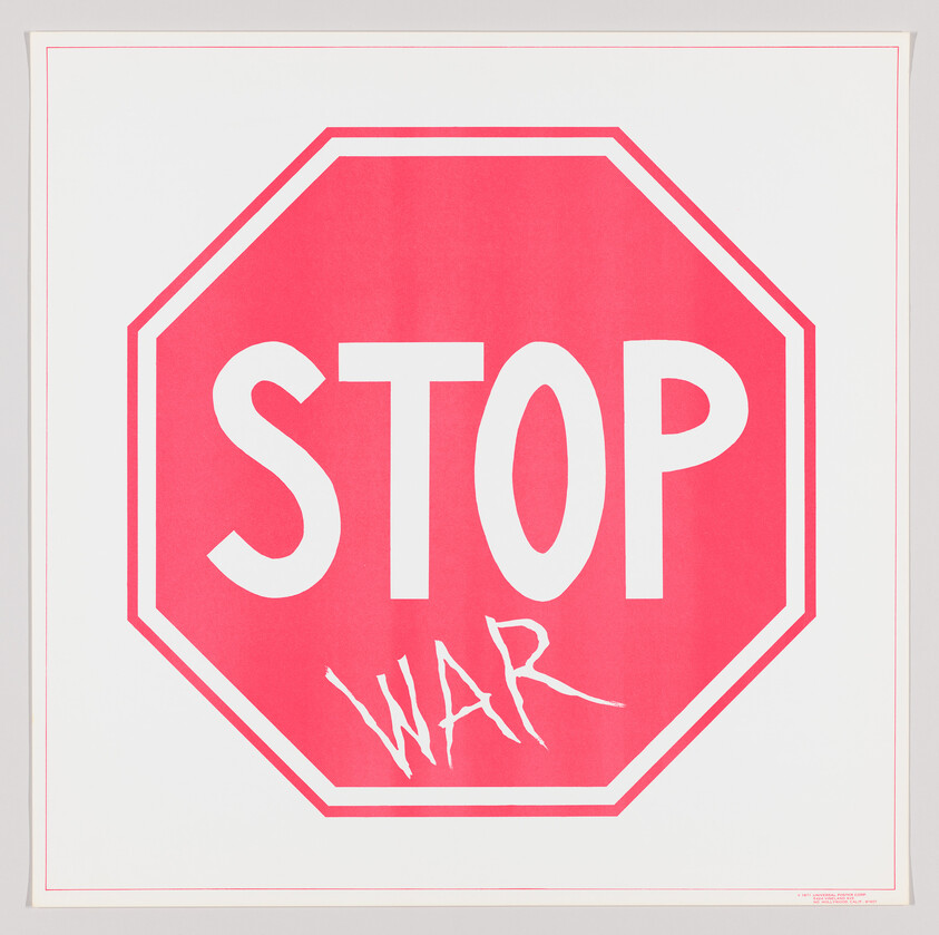 A red octagonal stop sign graphic reading "STOP" with the word "WAR" scrawled below.