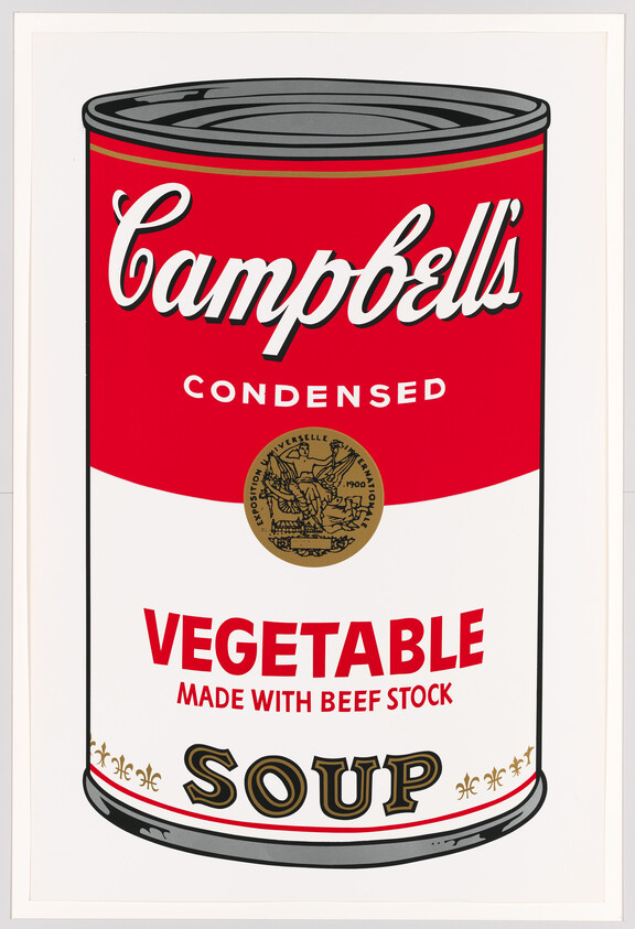 Illustration of a classic Campbell's condensed vegetable soup can with a red and white label.