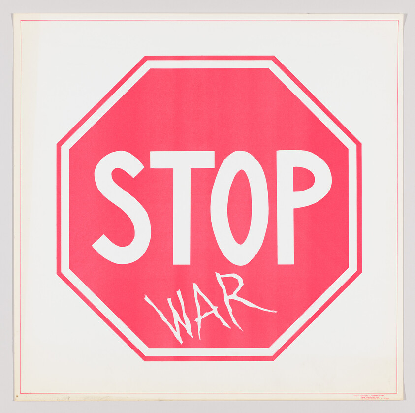Bold red octagonal stop sign with the words 'STOP' and handwritten 'WAR' inside.