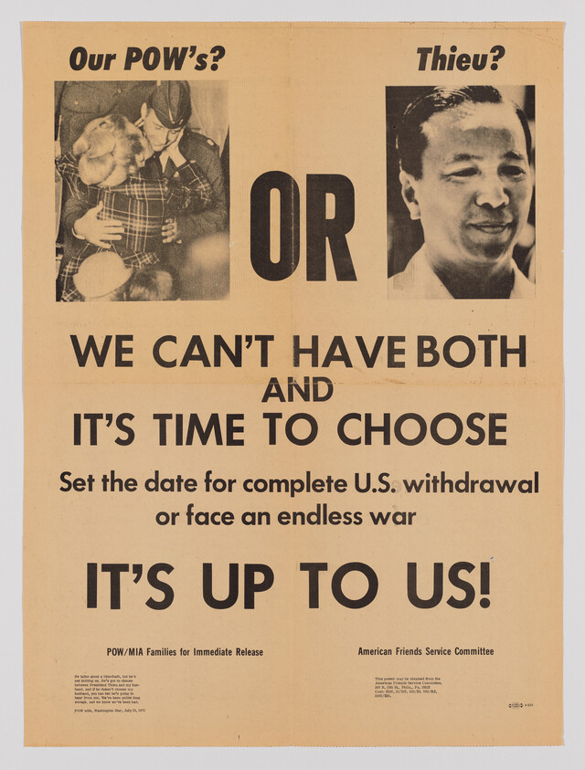 Poster urging U.S. to choose between POWs and Thieu and demand withdrawal.