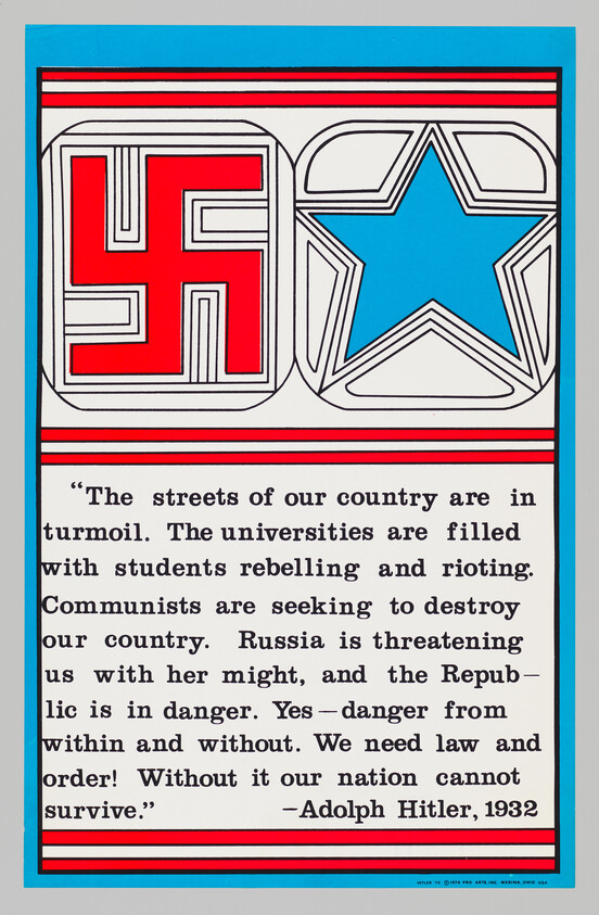 Propaganda-style poster with a red swastika-like symbol, blue star, and quoted 1932 warning about national turmoil.