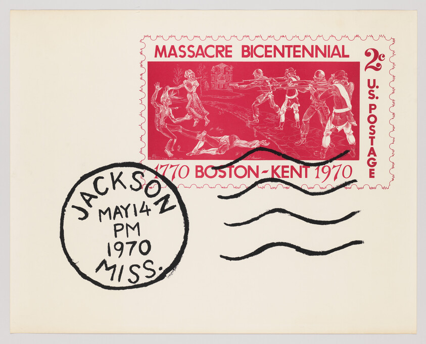 Red Massacre Bicentennial postage design showing 1770 Boston-Kent scene with Jackson May 14, 1970 postmark.