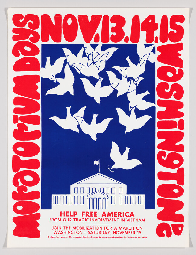 White doves fly above a government building with bold red text calling to "Help Free America" and a march date.