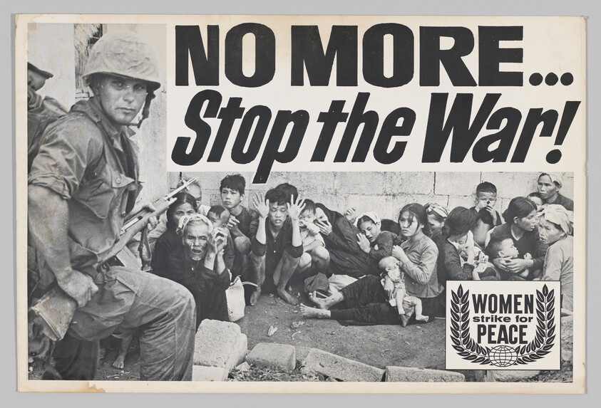A soldier confronts frightened civilians beside a large "Stop the War!" antiwar slogan.