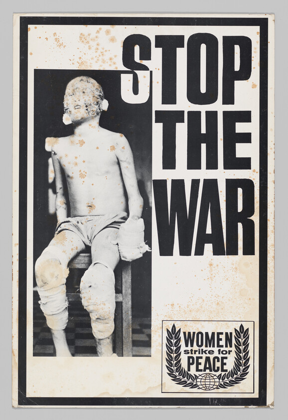 A wounded child sits bandaged while bold text reads stop the war and women strike for peace.
