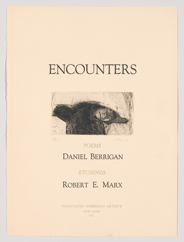 Cover showing title "Encounters" with etching and credits to Daniel Berrigan and Robert E. Marx.