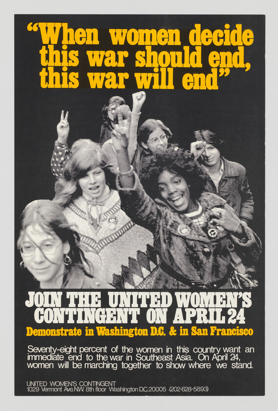 A group of women raise fists and peace signs calling to join the united women's contingent on april 24.