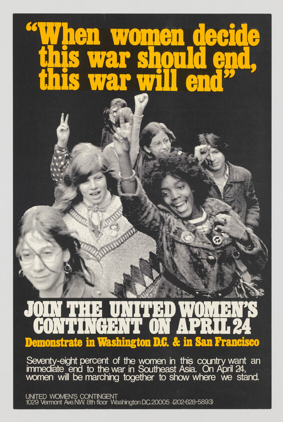 Women raising peace signs and cheering to join the United Women's Contingent demonstration on April 24.