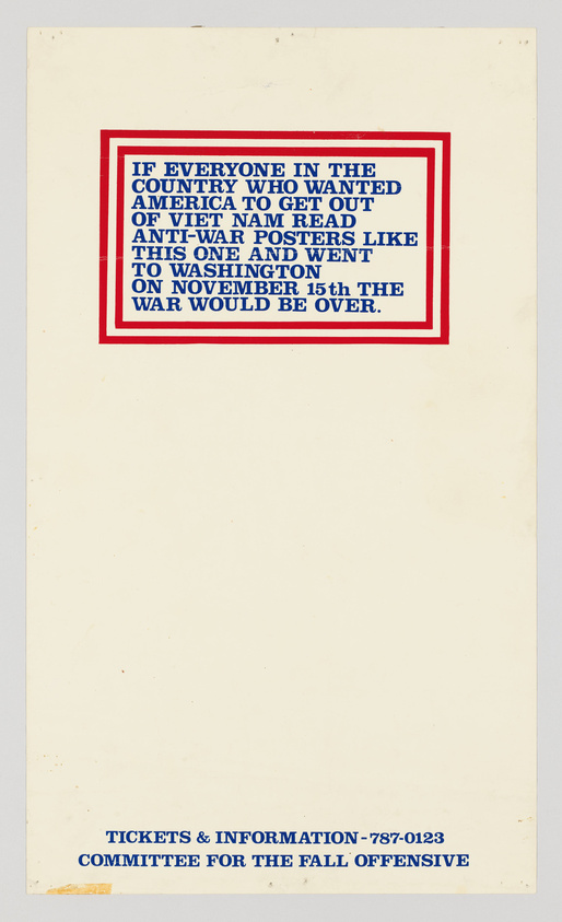 A vintage protest poster with bold black text inside a red and blue border, urging people who want America to exit Vietnam to read anti-war posters and attend a march in Washington on November 15th, with the claim that this would end the war. Contact information for tickets and further details is provided at the bottom.