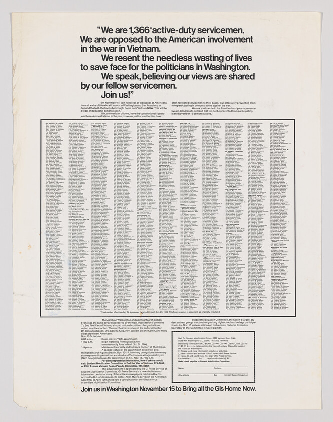 Poster listing 1,366 active-duty servicemen opposing American involvement in the Vietnam War and urging others to join.