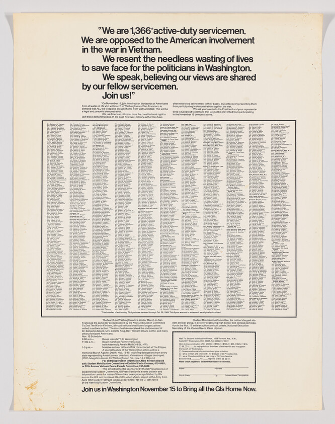 Statement and list of 1,366 active-duty servicemen opposing American involvement in the Vietnam War.