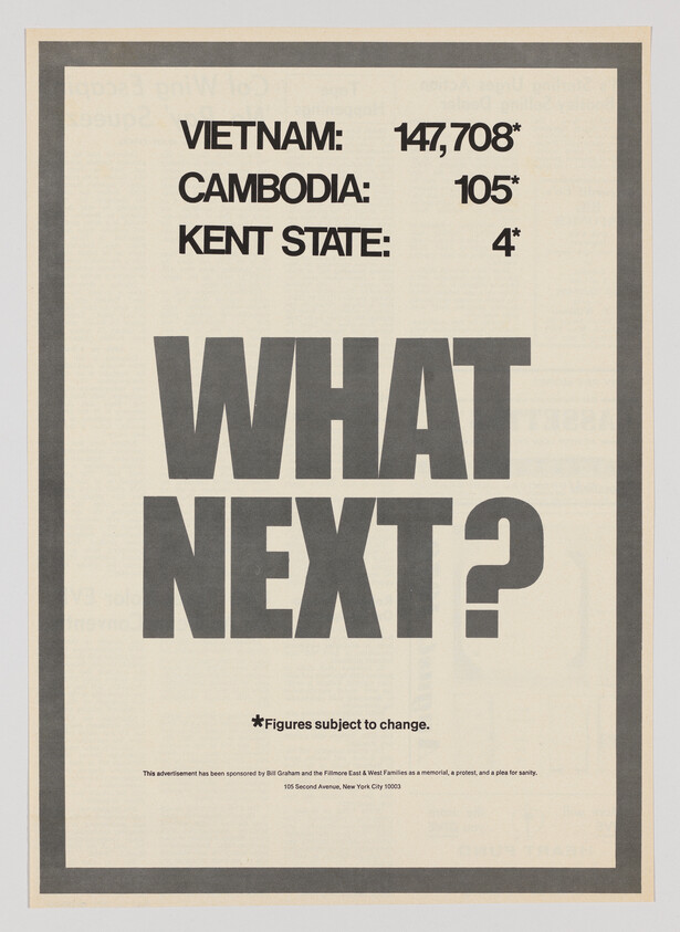 Poster with casualty figures for Vietnam, Cambodia, Kent State, and the question "WHAT NEXT?" with a footnote stating "Figures subject to change."