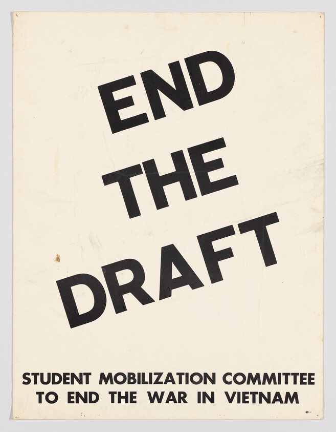 Bold poster reading "End the Draft" calling to end the Vietnam War by a student mobilization committee.