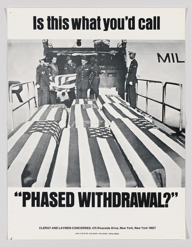 Rows of flag-draped military coffins being unloaded as soldiers stand nearby, questioning "phased withdrawal."