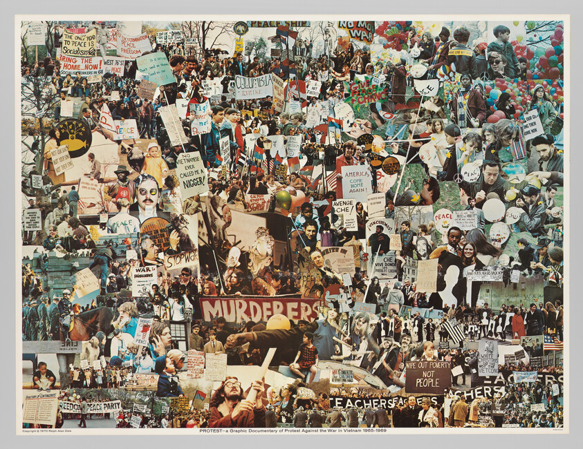 Large collage showing crowds of antiwar protesters holding signs including a prominent "MURDERERS" banner.