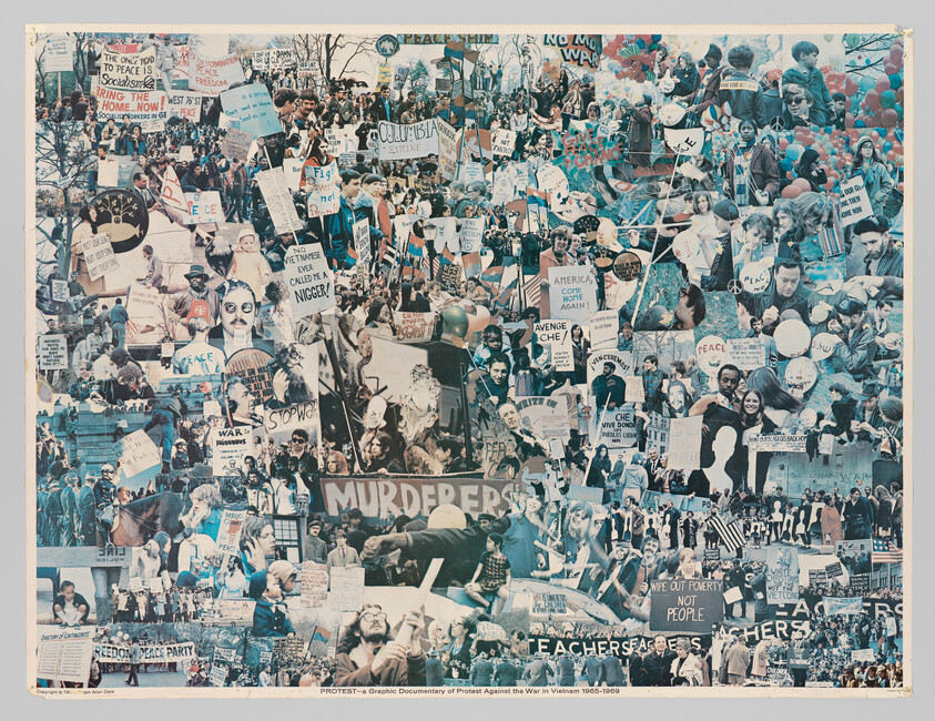 A large crowd of anti-Vietnam War protesters holding signs and banners demanding peace and justice.