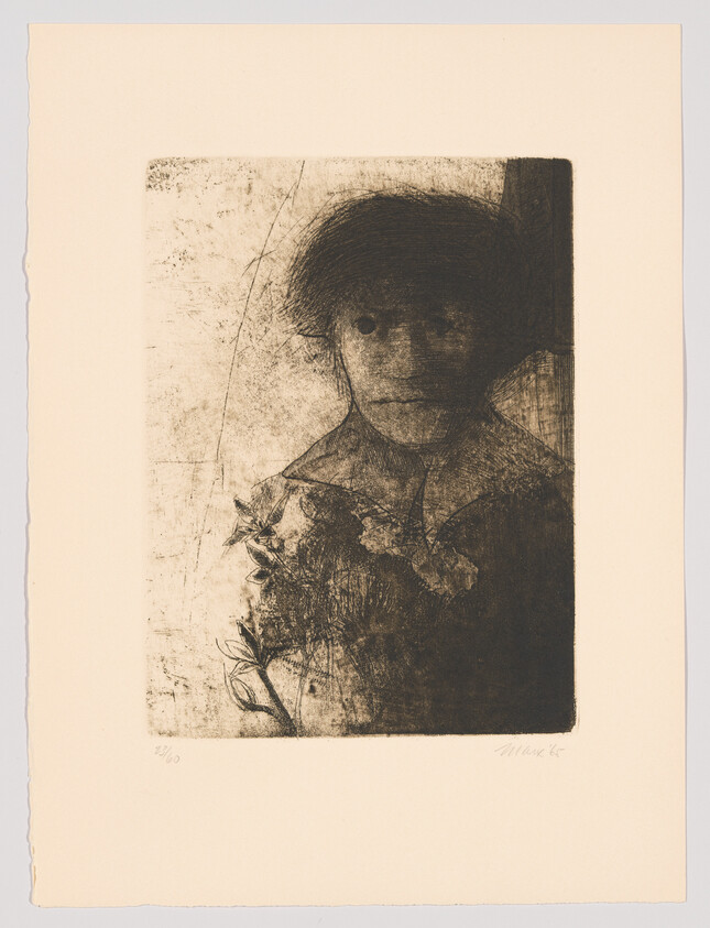 A somber childlike figure gazes forward while holding a small bouquet of flowers.