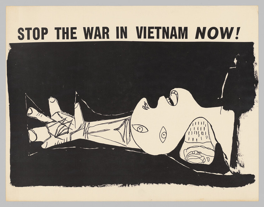 A black-and-white poster with a drawn wounded figure and the words "Stop the war in Vietnam now!".