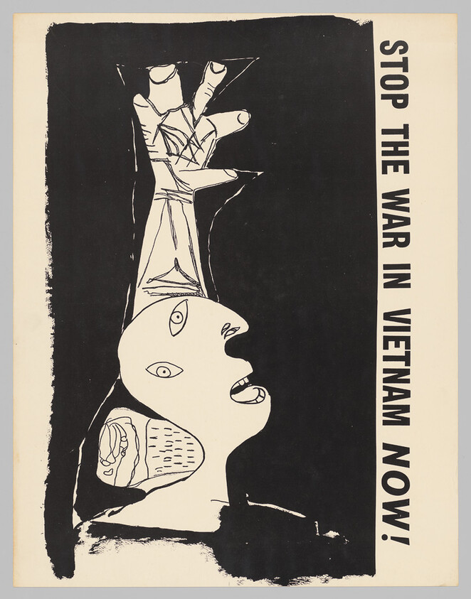 A black-and-white protest poster shows an anguished face and raised hand with text "Stop the War in Vietnam Now!".