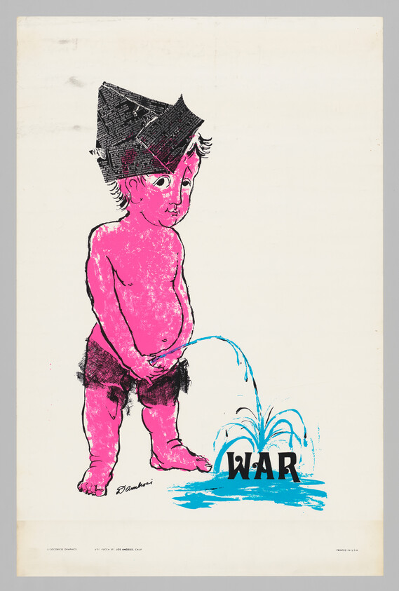 A pink child wearing a newspaper hat pees into a blue puddle over the word "WAR".