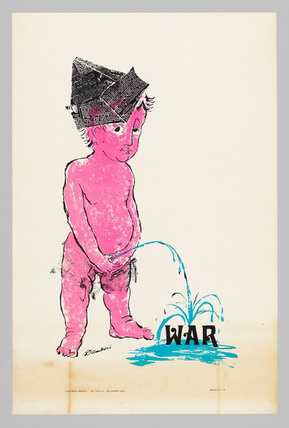 A pink toddler wearing a newspaper hat urinates a blue stream onto the word WAR.