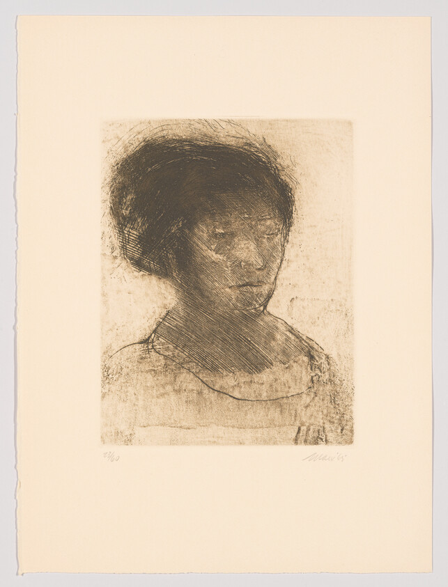 A somber etched portrait of a woman with dark hair and a pensive expression.