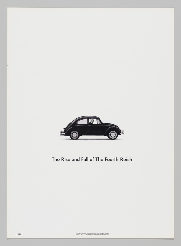 A minimalist poster featuring a black Volkswagen Beetle centered on a white background with the caption "The Rise and Fall of The Fourth Reich" below the car. There is a small text at the bottom left corner indicating a series number and copyright information.