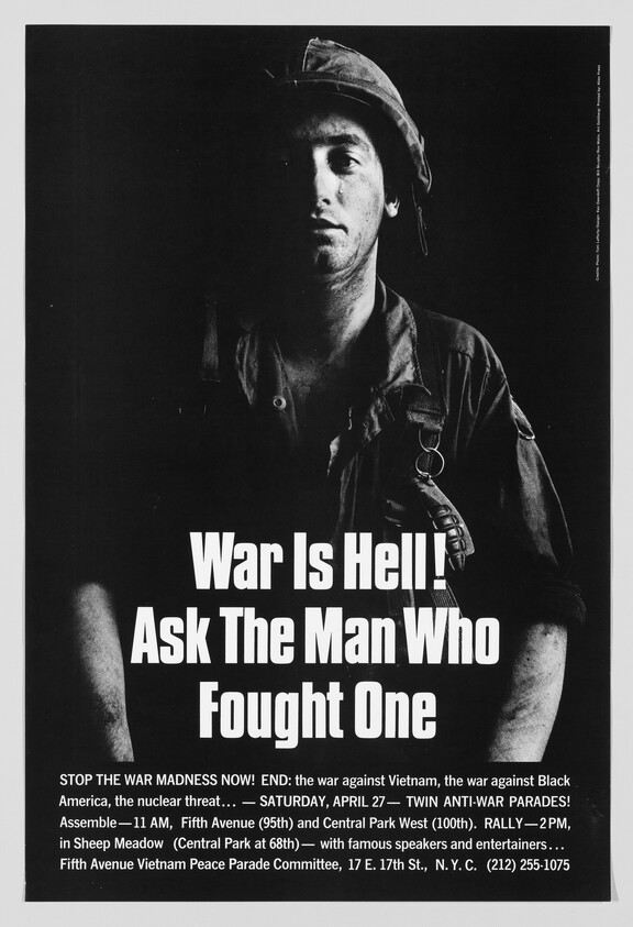 A grim soldier portrait with bold text reading "War is hell! Ask the man who fought one."