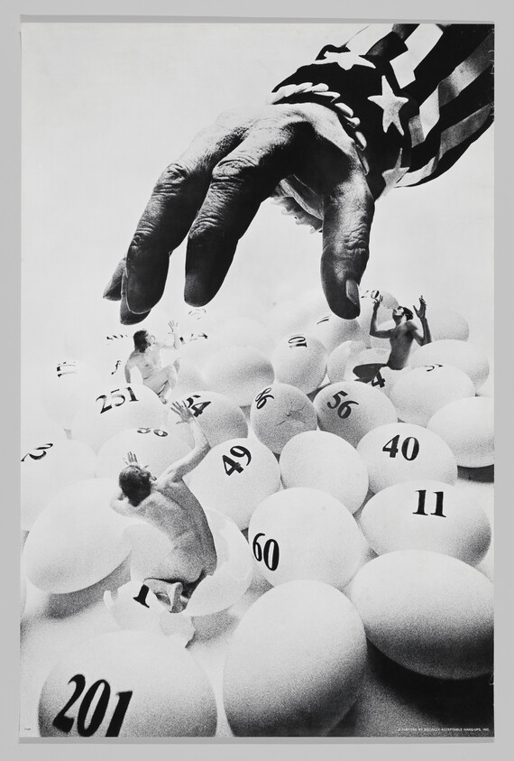 A giant patriotic-striped hand reaches down toward tiny people standing on large numbered lottery balls.