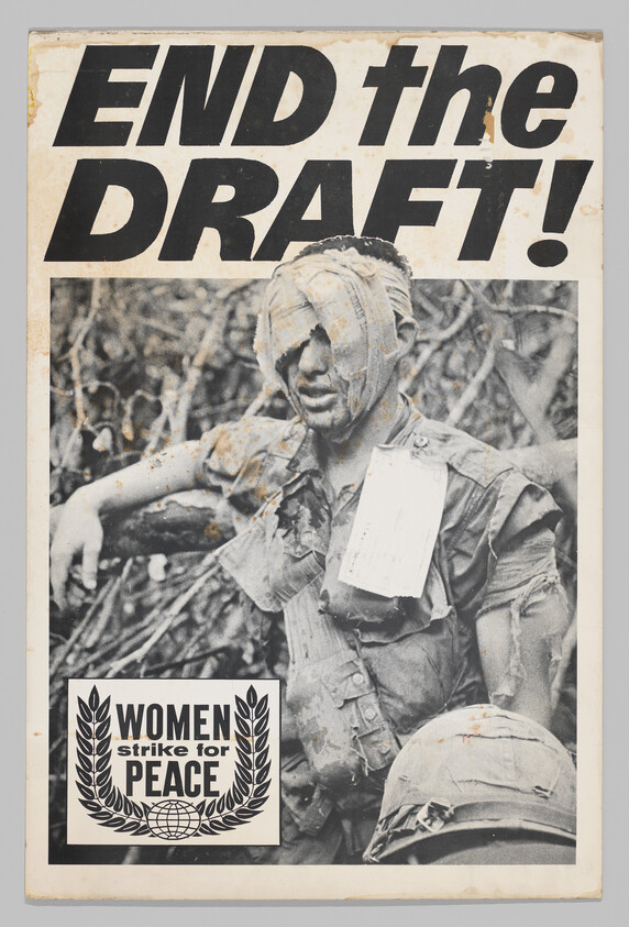 A vintage protest poster with the bold headline "END the DRAFT!" at the top. Below the headline is a black-and-white photograph of a soldier with bandages on his head, appearing weary or injured, with a leaflet or paper attached to his uniform. In the bottom left corner of the poster, there is a logo with the text "WOMEN Strike for Peace" encircling a globe and olive branches. The poster shows signs of wear and age with some discoloration and tears.