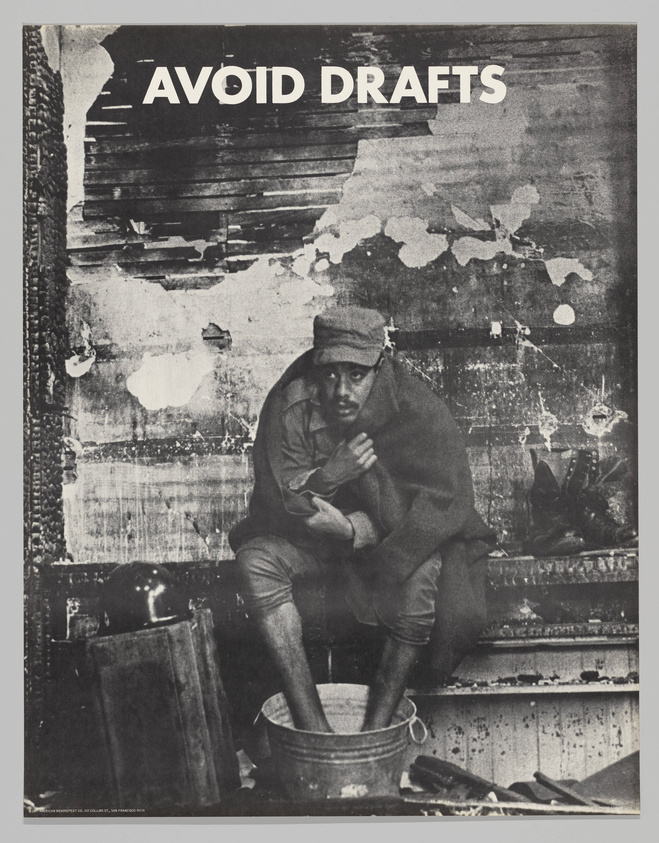 A vintage black and white poster with the words "AVOID DRAFTS" prominently displayed at the top. The image features a person huddled and shivering on a dilapidated staircase, with their feet in a bucket of water, wearing a coat and a hat, suggesting the discomfort of being in a drafty environment. The background shows peeling paint and a worn-out wall, enhancing the message of seeking warmth and shelter.