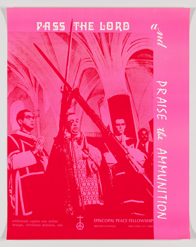 Clergy in ceremonial robes lift a rifle inside a church beneath the slogan "Pass the Lord."