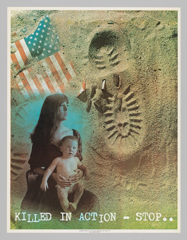 A vintage poster with a textured background depicting a woman holding a baby on the left, with an American flag overlaying the top left corner. On the right, there is a shadowy imprint of a soldier's helmet and boots, with bullets scattered around. The bottom of the poster features the text "KILLED IN ACTION - STOP.." in bold, capitalized letters. The overall tone of the poster suggests a commentary on the impact of war.