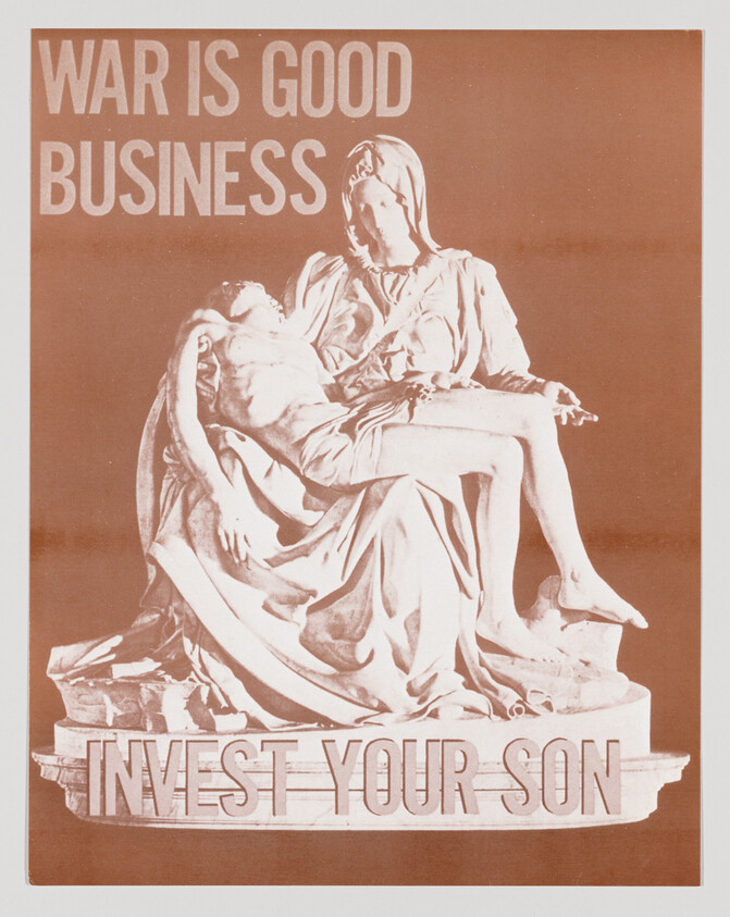 A grieving mother statue with the text "War is good business, invest your son" warning against war.