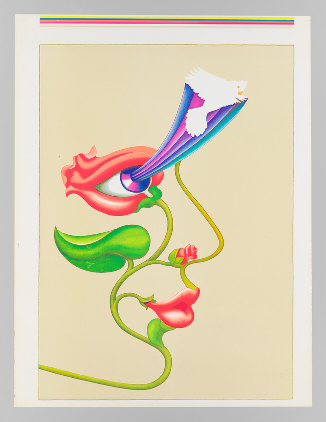 A twisting green vine with red eye-like flowers sends a rainbow stream carrying a white dove.