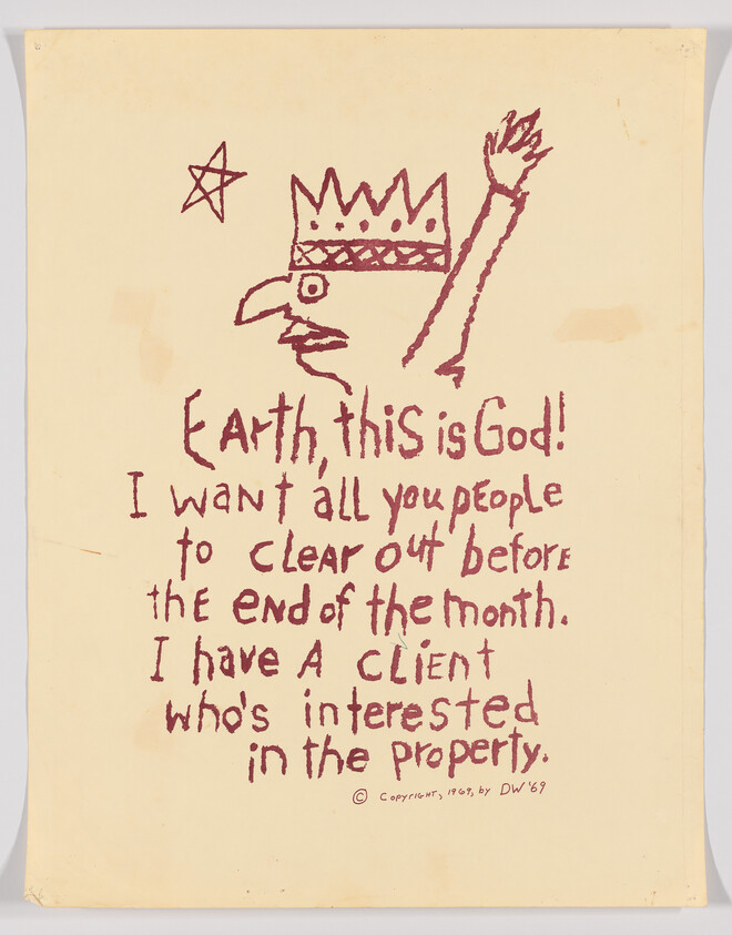 Hand-drawn crowned figure raising an arm with handwritten message demanding people clear out before month’s end.