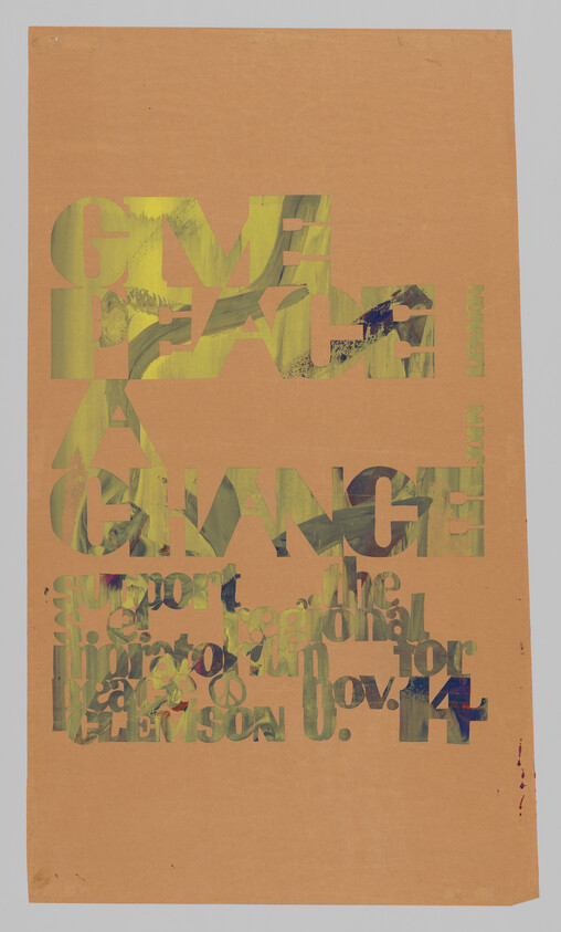 Poster with large stylized text reading "Give Peace a Chance" against an orange background.