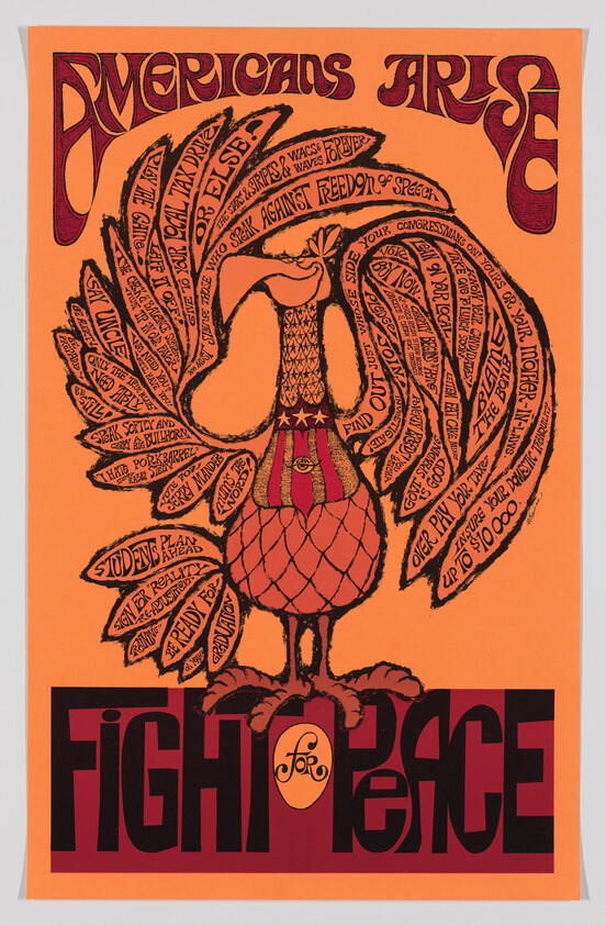A stylized bird poster with bold "Fight for Peace" text urging Americans to arise.