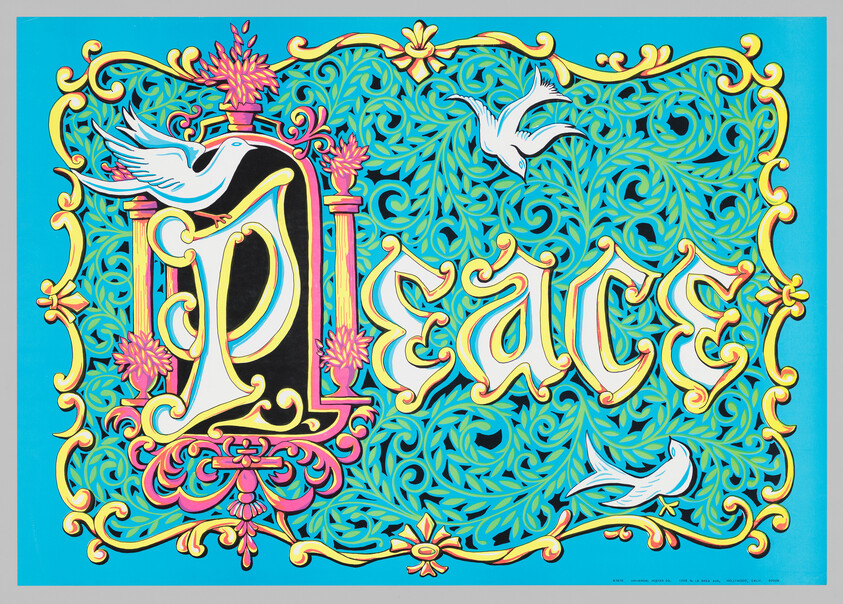 Decorative turquoise poster with ornate lettering spelling Peace surrounded by three white doves.