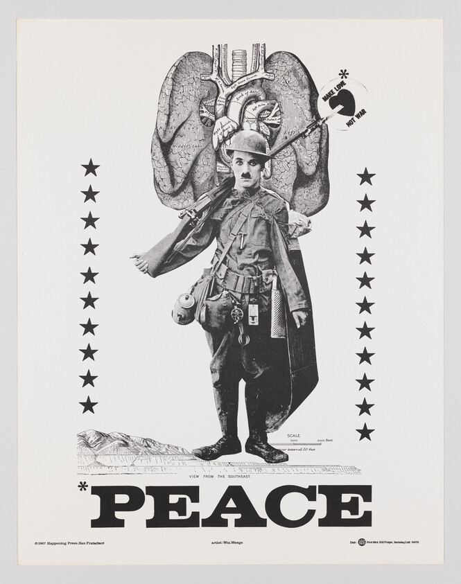 A soldier-like figure stands before anatomical lungs and heart with the word PEACE.