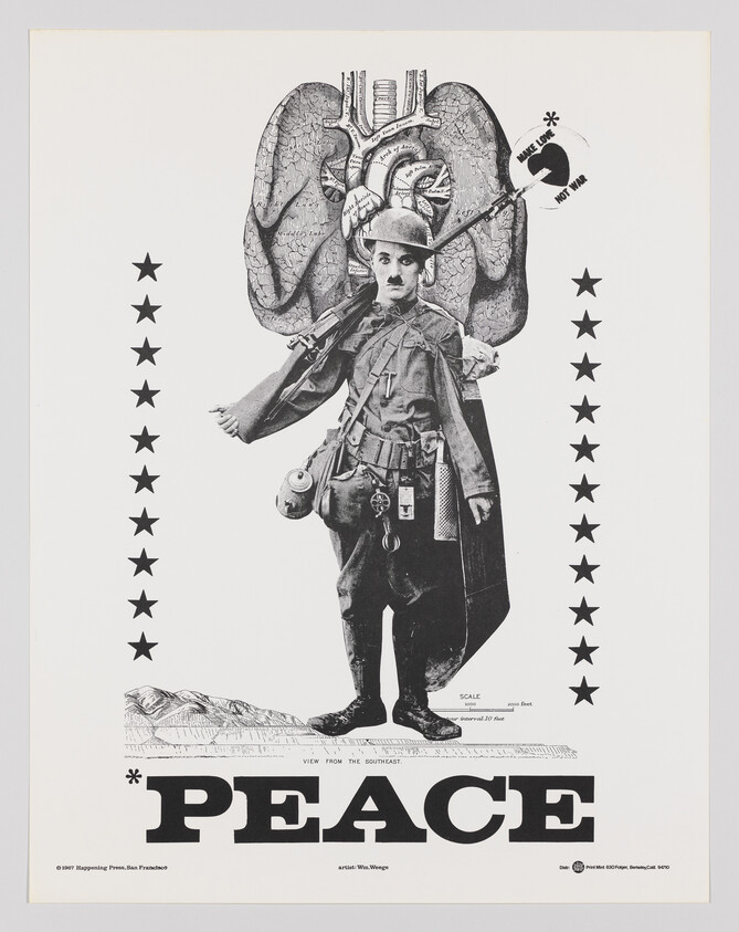 A soldier resembling Charlie Chaplin stands with oversized lungs behind him above the word Peace.