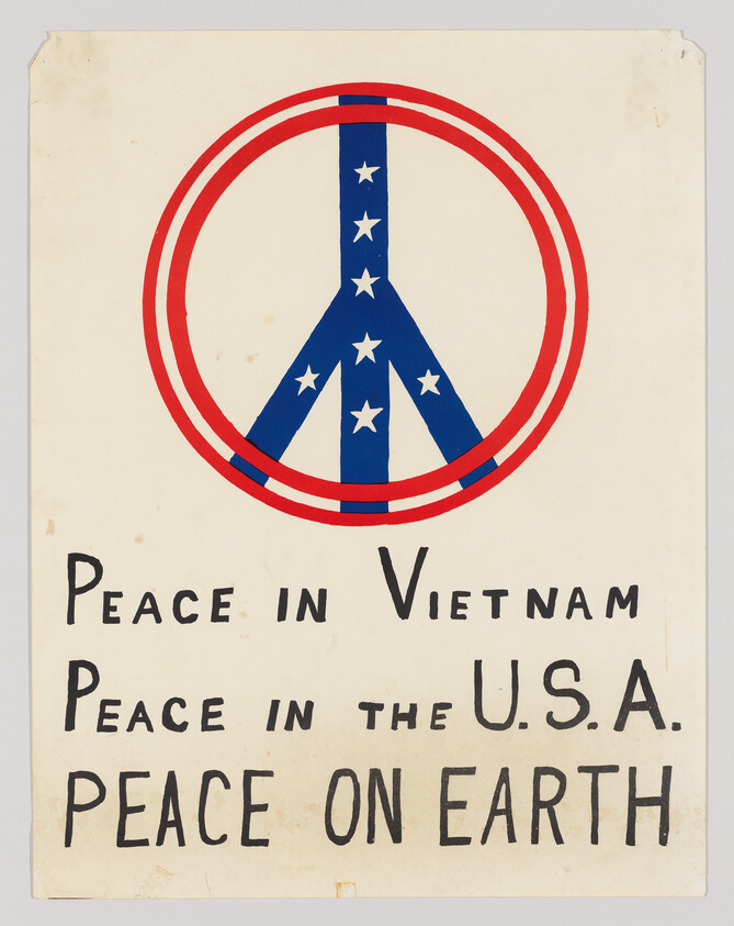 Large red-white-blue peace symbol above handwritten plea for peace in Vietnam, the U.S.A., and on Earth.