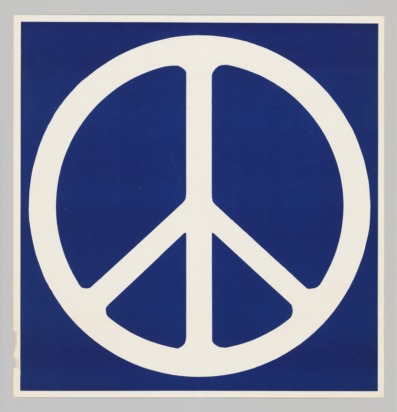 A large white peace symbol centered on a solid blue background.