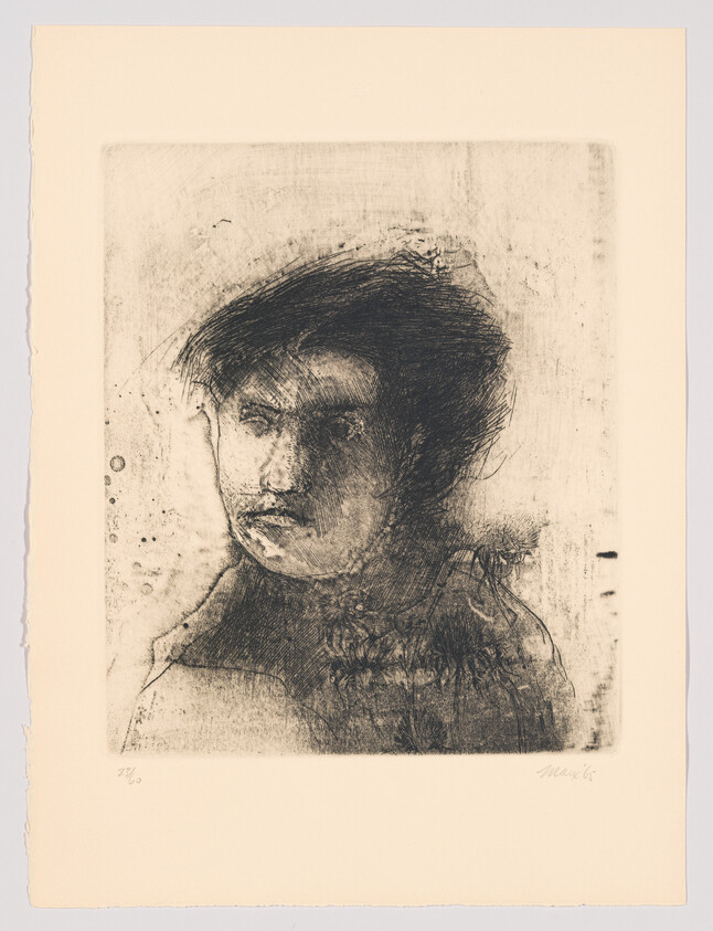 A charcoal-like etching of a man's head and shoulders with dark, messy hair and somber expression.