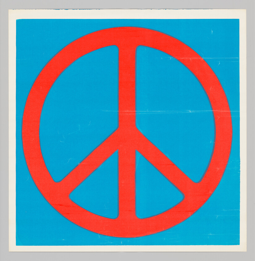 Large red peace symbol centered on a bright blue square background with slight creases.