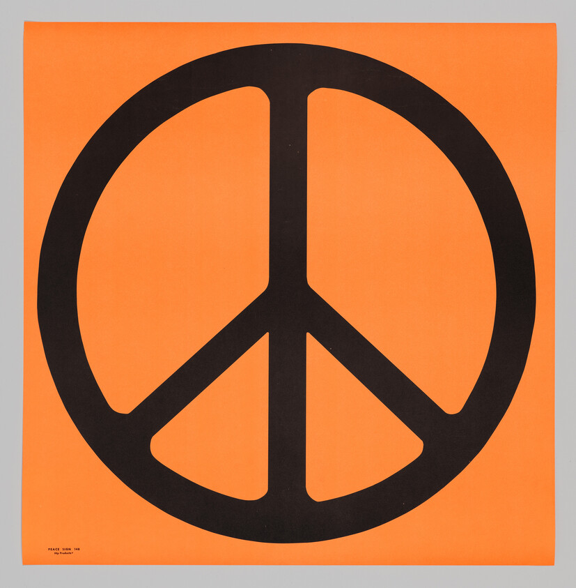 Large black peace symbol centered on a bright orange poster background.